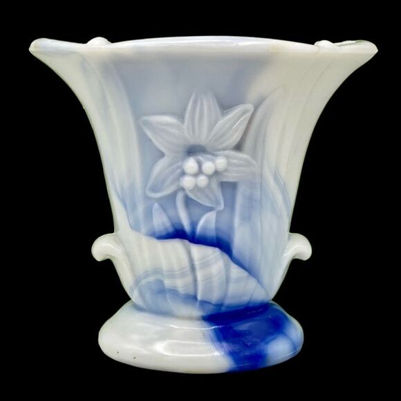 Vintage Akro Agate Iris Floral Marbled Swirl Slag Glass Vase - Picture 3 of 15